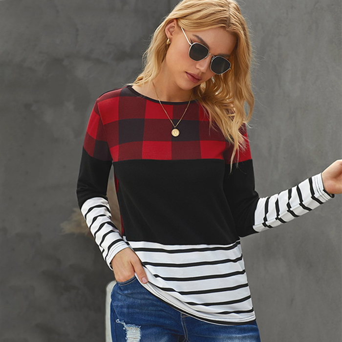 Plaid Print Leopard Splicing Striped Color Block Long Sleeve Top