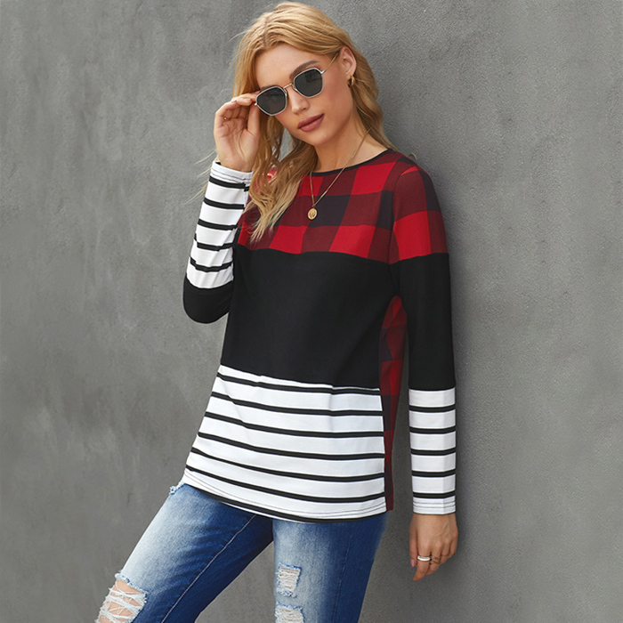 Plaid Print Leopard Splicing Striped Color Block Long Sleeve Top