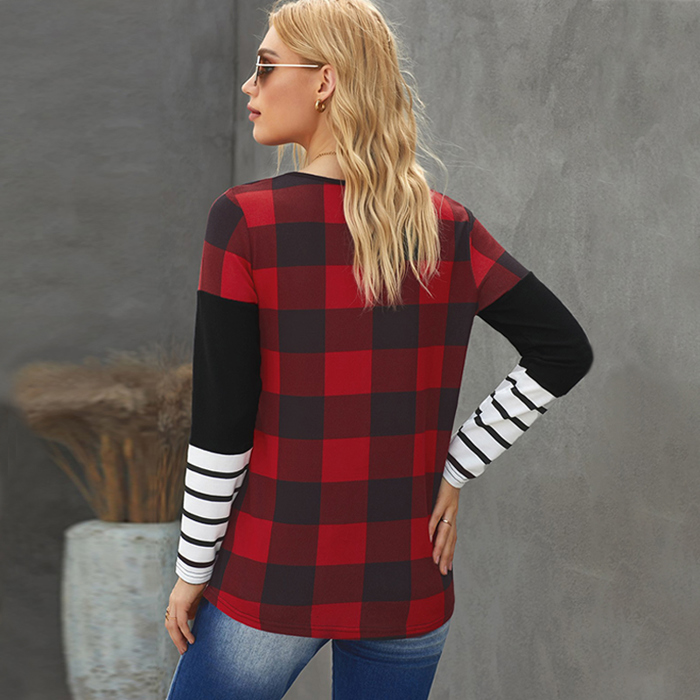 Plaid Print Leopard Splicing Striped Color Block Long Sleeve Top