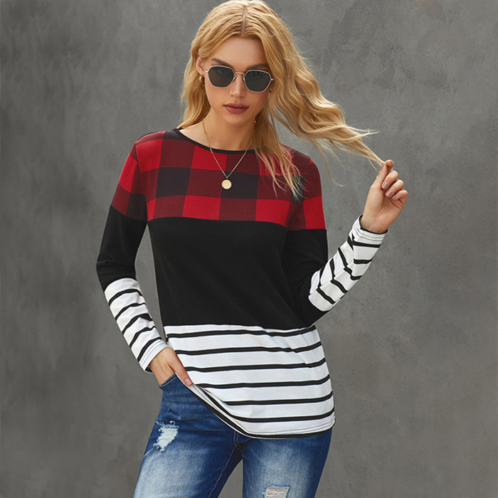 Plaid Print Leopard Splicing Striped Color Block Long Sleeve Top