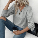  Light Grey Buttoned V Neck Ribbed Puff Sleeve Top