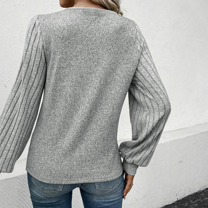 Light Grey Buttoned V Neck Ribbed Puff Sleeve Top