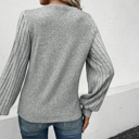  Light Grey Buttoned V Neck Ribbed Puff Sleeve Top