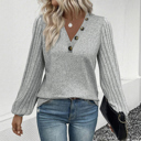  Light Grey Buttoned V Neck Ribbed Puff Sleeve Top