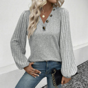  Light Grey Buttoned V Neck Ribbed Puff Sleeve Top