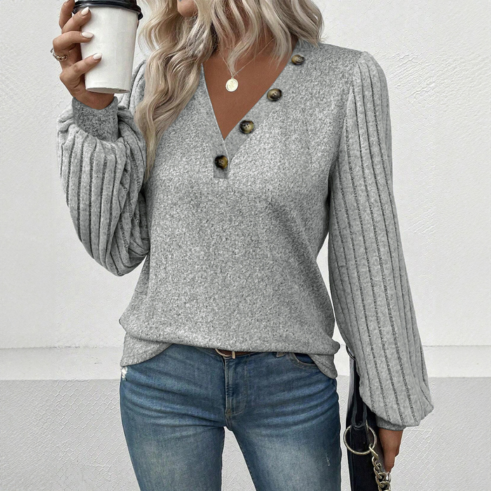 Light Grey Buttoned V Neck Ribbed Puff Sleeve Top