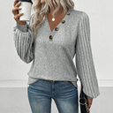  Light Grey Buttoned V Neck Ribbed Puff Sleeve Top