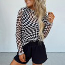  Rose Checkered Pattern Mesh Mock Neck Long Sleeve Top