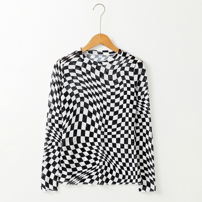 Rose Checkered Pattern Mesh Mock Neck Long Sleeve Top