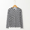  Rose Checkered Pattern Mesh Mock Neck Long Sleeve Top