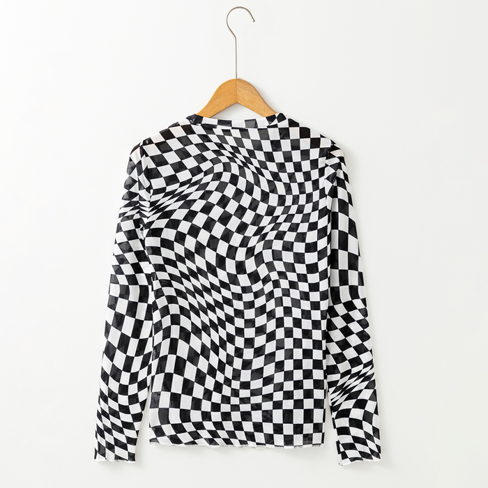 Rose Checkered Pattern Mesh Mock Neck Long Sleeve Top