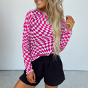  Rose Checkered Pattern Mesh Mock Neck Long Sleeve Top