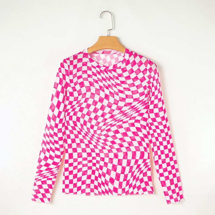 Rose Checkered Pattern Mesh Mock Neck Long Sleeve Top