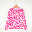  Rose Checkered Pattern Mesh Mock Neck Long Sleeve Top