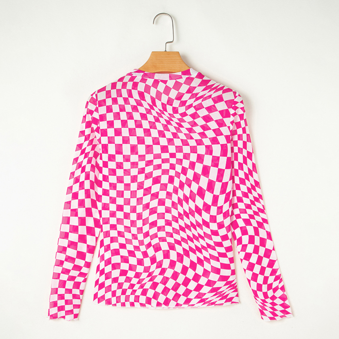 Rose Checkered Pattern Mesh Mock Neck Long Sleeve Top