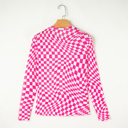  Rose Checkered Pattern Mesh Mock Neck Long Sleeve Top