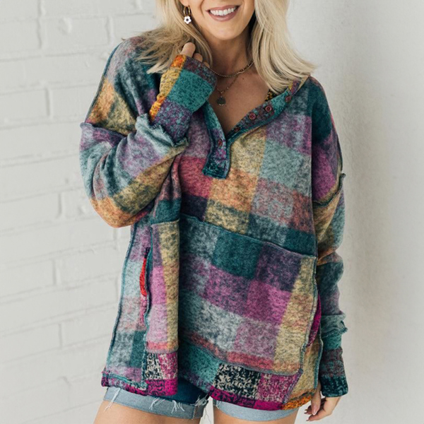 Multicolor Brushed Plaid Buttoned Pullover Oversized Hoodie