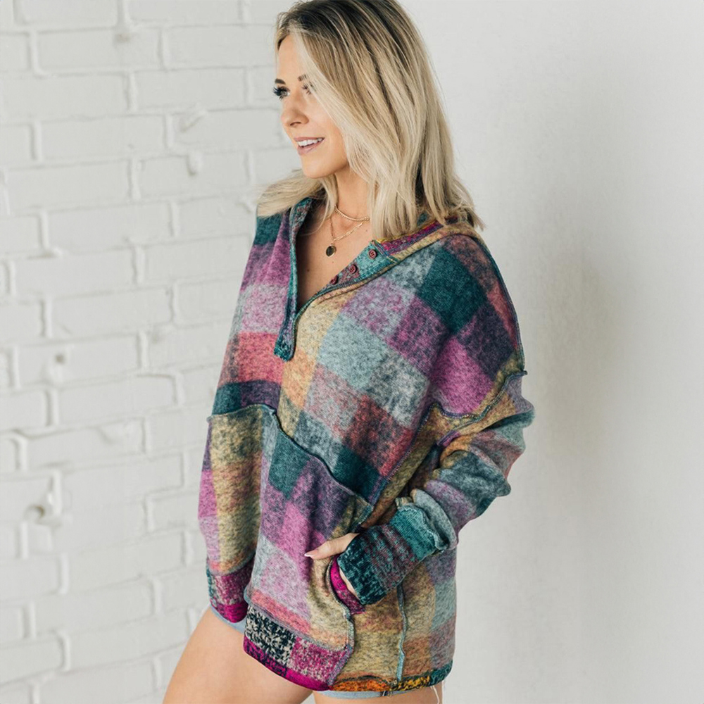 Multicolor Brushed Plaid Buttoned Pullover Oversized Hoodie