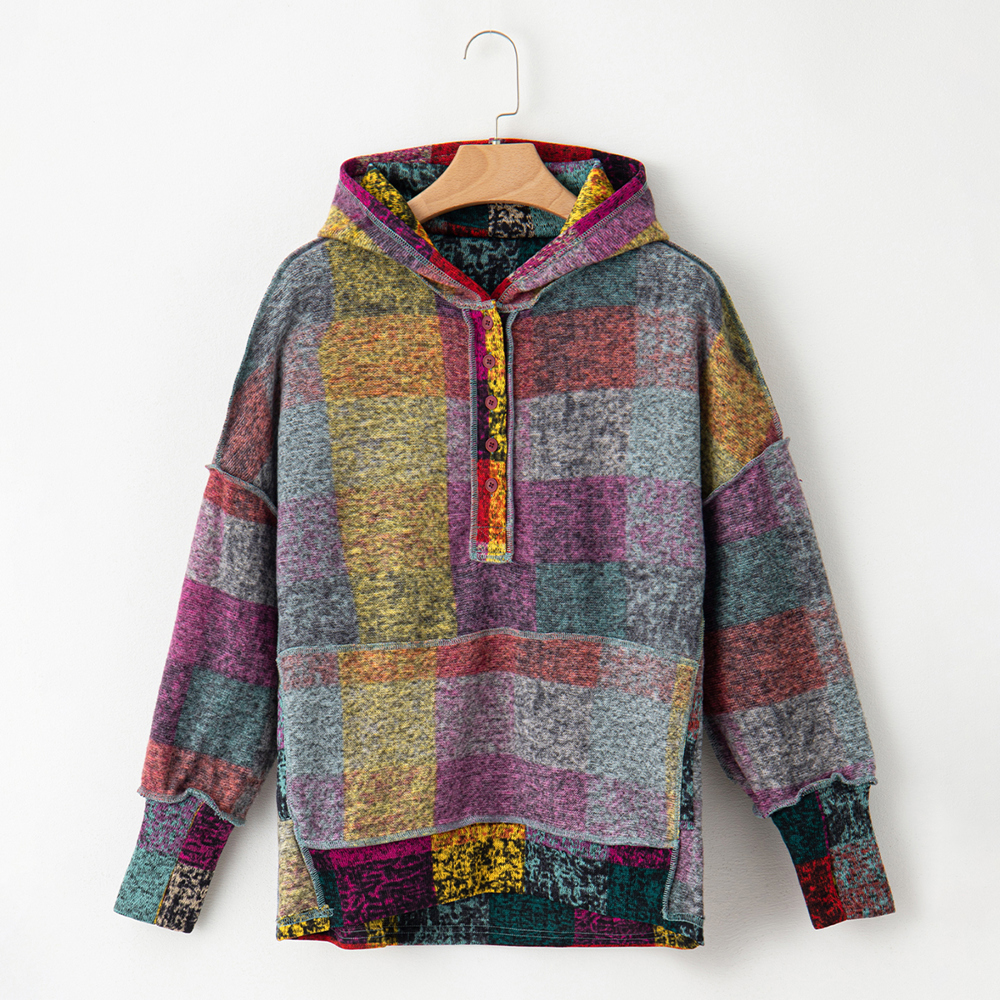 Multicolor Brushed Plaid Buttoned Pullover Oversized Hoodie