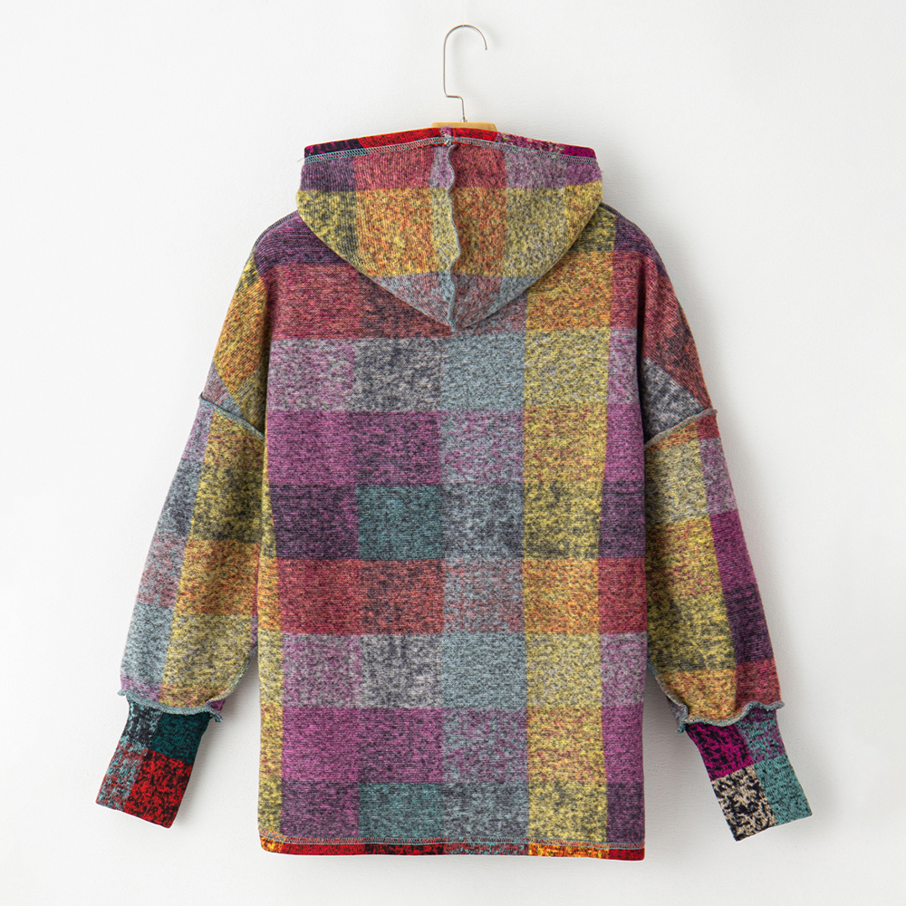 Multicolor Brushed Plaid Buttoned Pullover Oversized Hoodie