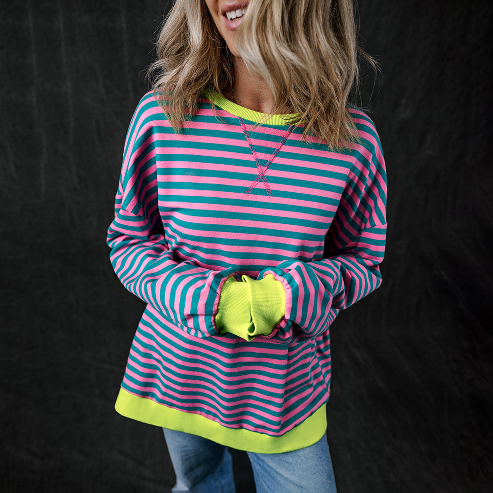 Stripe Oversized Contrast Trim Pullover Sweatshirt