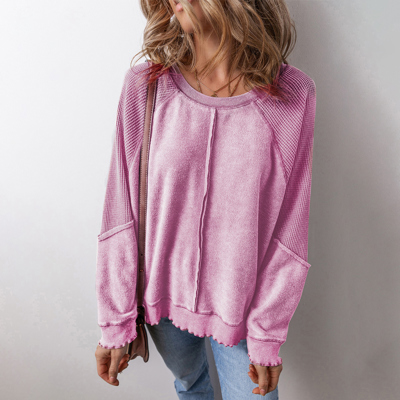 Waffle Patchwork Raglan Sleeve Exposed Seam Sweatshirt