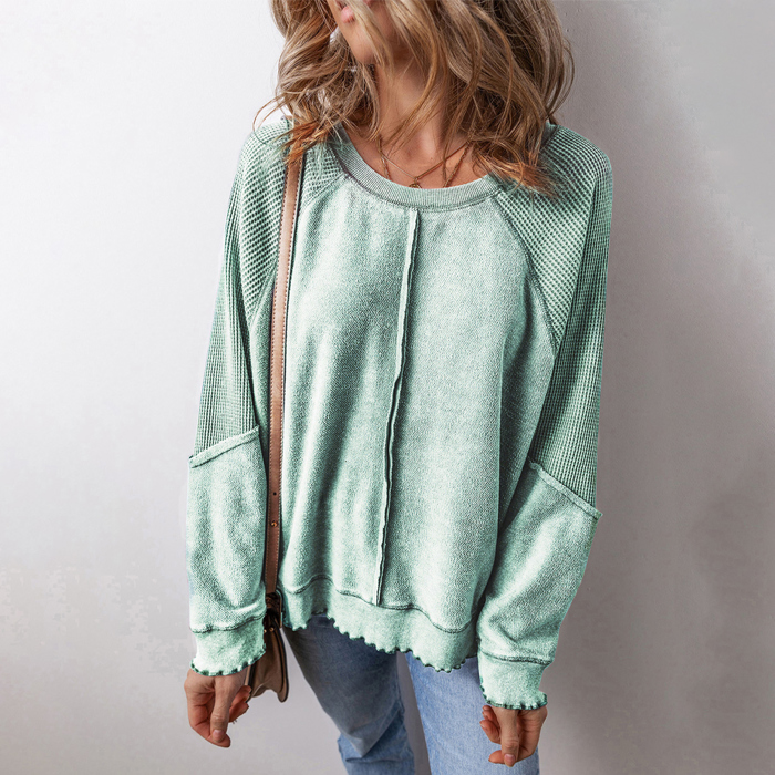 Waffle Patchwork Raglan Sleeve Exposed Seam Sweatshirt