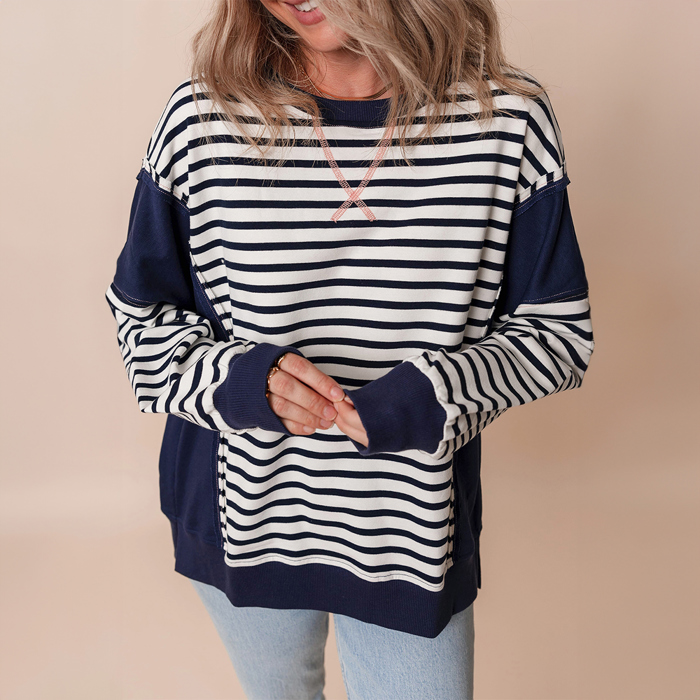 White Stripe Color Block Exposed Seam Loose Fit Sweatshirt