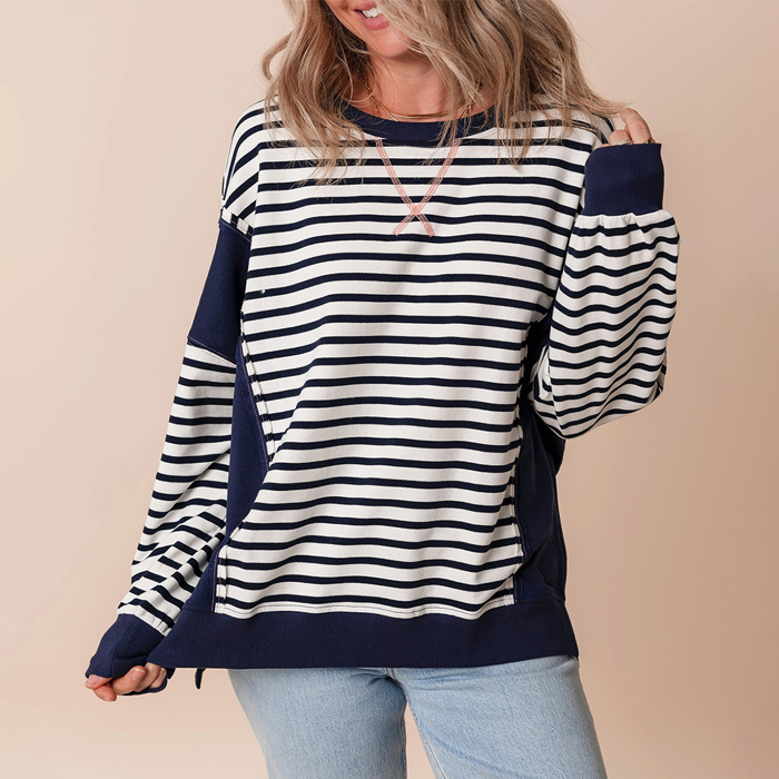 White Stripe Color Block Exposed Seam Loose Fit Sweatshirt