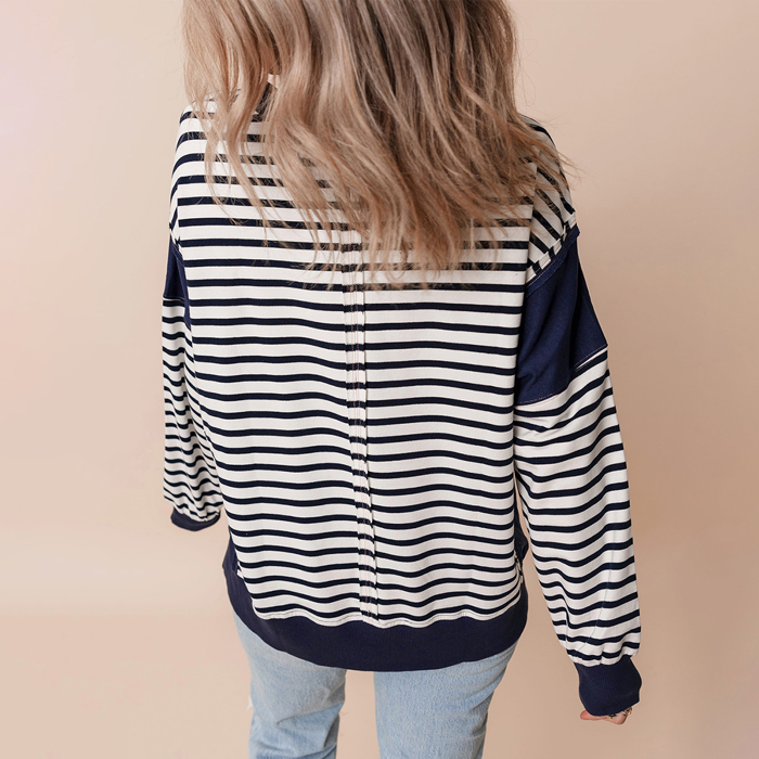 White Stripe Color Block Exposed Seam Loose Fit Sweatshirt