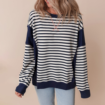 White Stripe Color Block Exposed Seam Loose Fit Sweatshirt