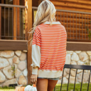  Orange Stripe Color Block Loose Fit Collared Drop Shoulder Sweatshirt