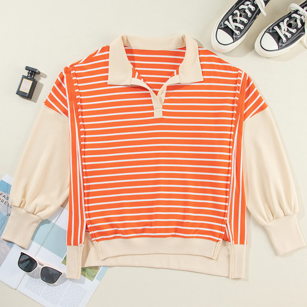 Orange Stripe Color Block Loose Fit Collared Drop Shoulder Sweatshirt