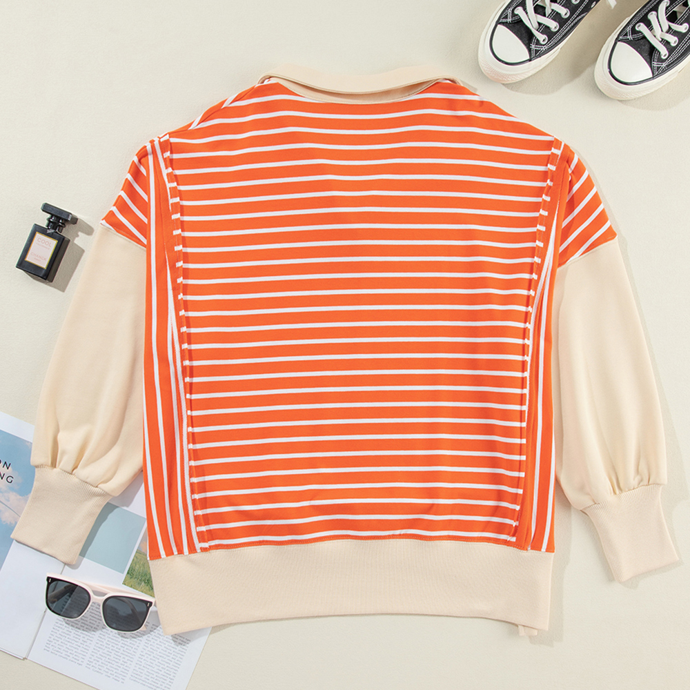 Orange Stripe Color Block Loose Fit Collared Drop Shoulder Sweatshirt