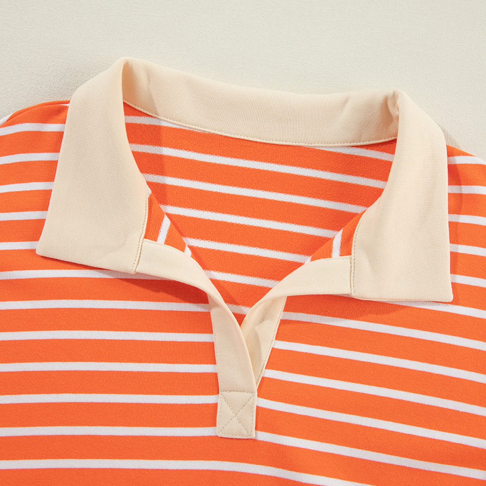 Orange Stripe Color Block Loose Fit Collared Drop Shoulder Sweatshirt