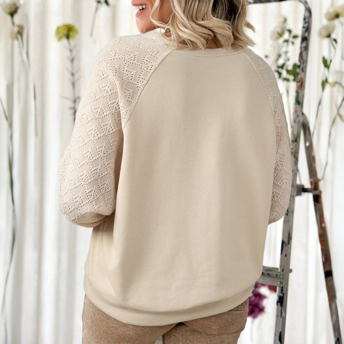 Parchment Eyelet Knit Patchwork Raglan Sleeve Pullover Top