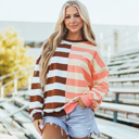  Brown Stripe Color Block Drop Shoulder Pullover Sweatshirt