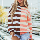 XL Brown Stripe Color Block Drop Shoulder Pullover Sweatshirt