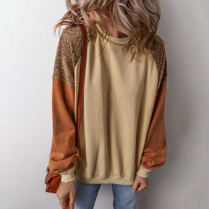 Khaki Lace Patchwork Colorblock Drop Shoulder Sweatshirt