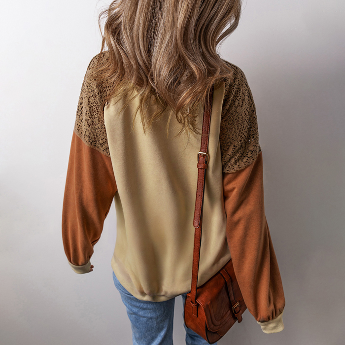 Khaki Lace Patchwork Colorblock Drop Shoulder Sweatshirt