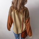  Khaki Lace Patchwork Colorblock Drop Shoulder Sweatshirt