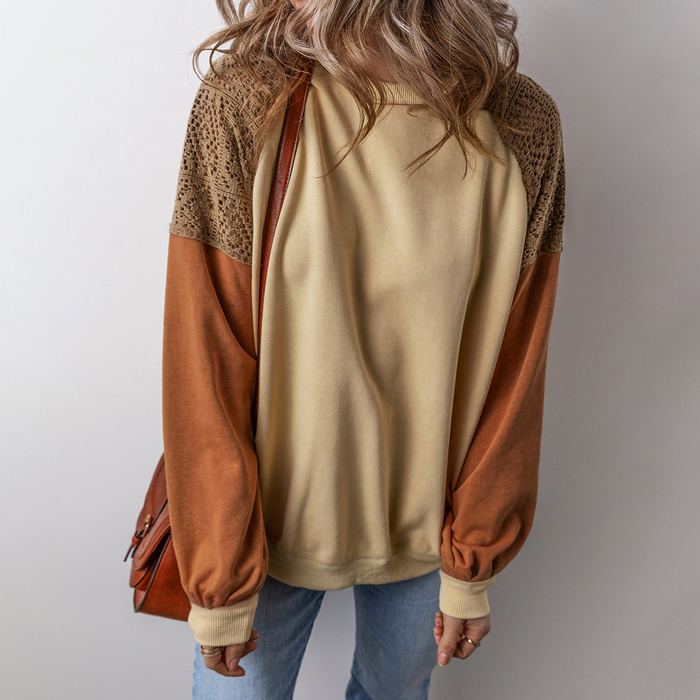 Khaki Lace Patchwork Colorblock Drop Shoulder Sweatshirt