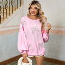  Embroidered Bow Lantern Sleeve Oversized Pullover Sweatshirt