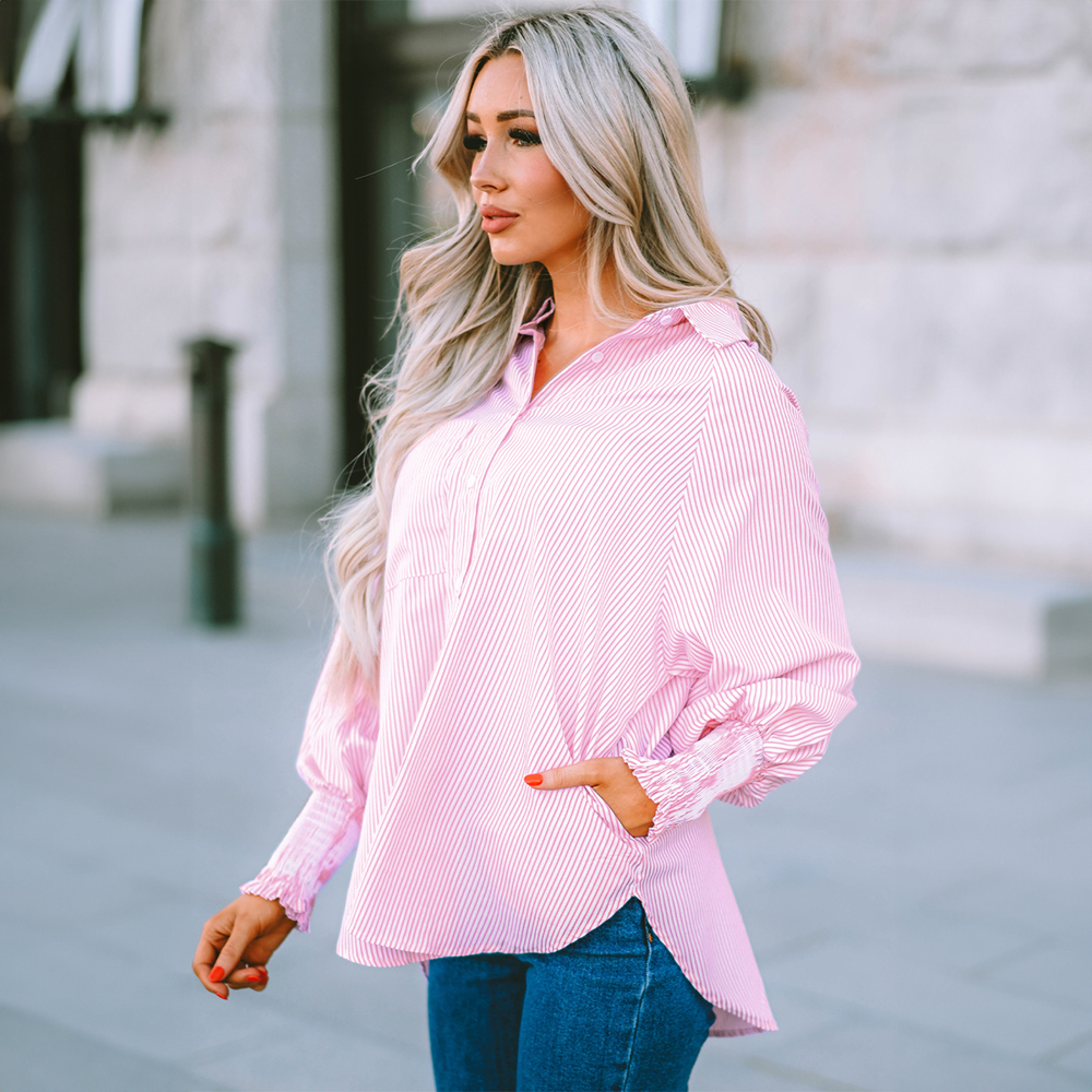 Smocked Cuffed Striped Boyfriend Shirt with Pocket