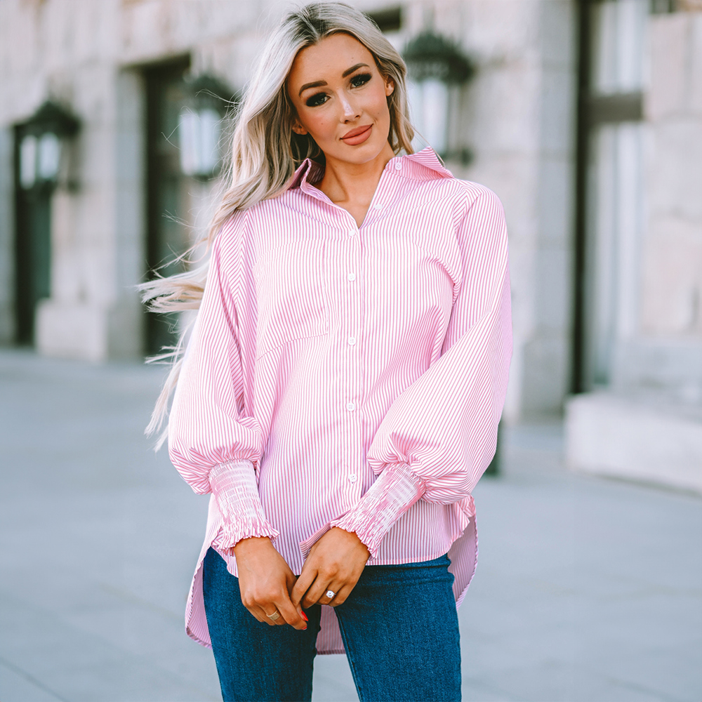 Smocked Cuffed Striped Boyfriend Shirt with Pocket