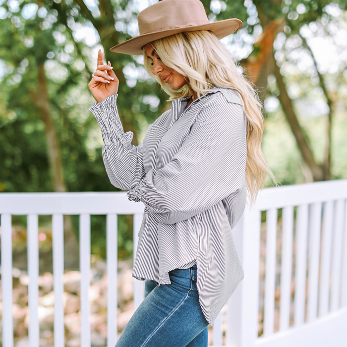 Smocked Cuffed Striped Boyfriend Shirt with Pocket