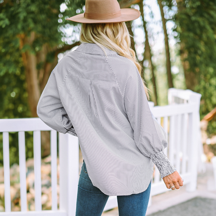 Smocked Cuffed Striped Boyfriend Shirt with Pocket