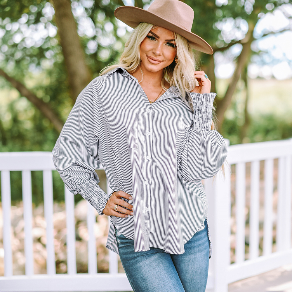 Smocked Cuffed Striped Boyfriend Shirt with Pocket