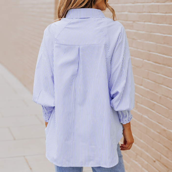 Smocked Cuffed Striped Boyfriend Shirt with Pocket