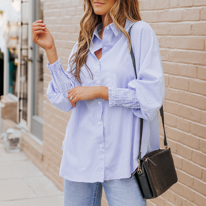 Smocked Cuffed Striped Boyfriend Shirt with Pocket